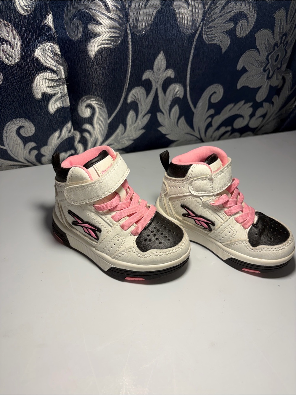 Reebok Kids High-Top Sneakers in White, Pink & Black